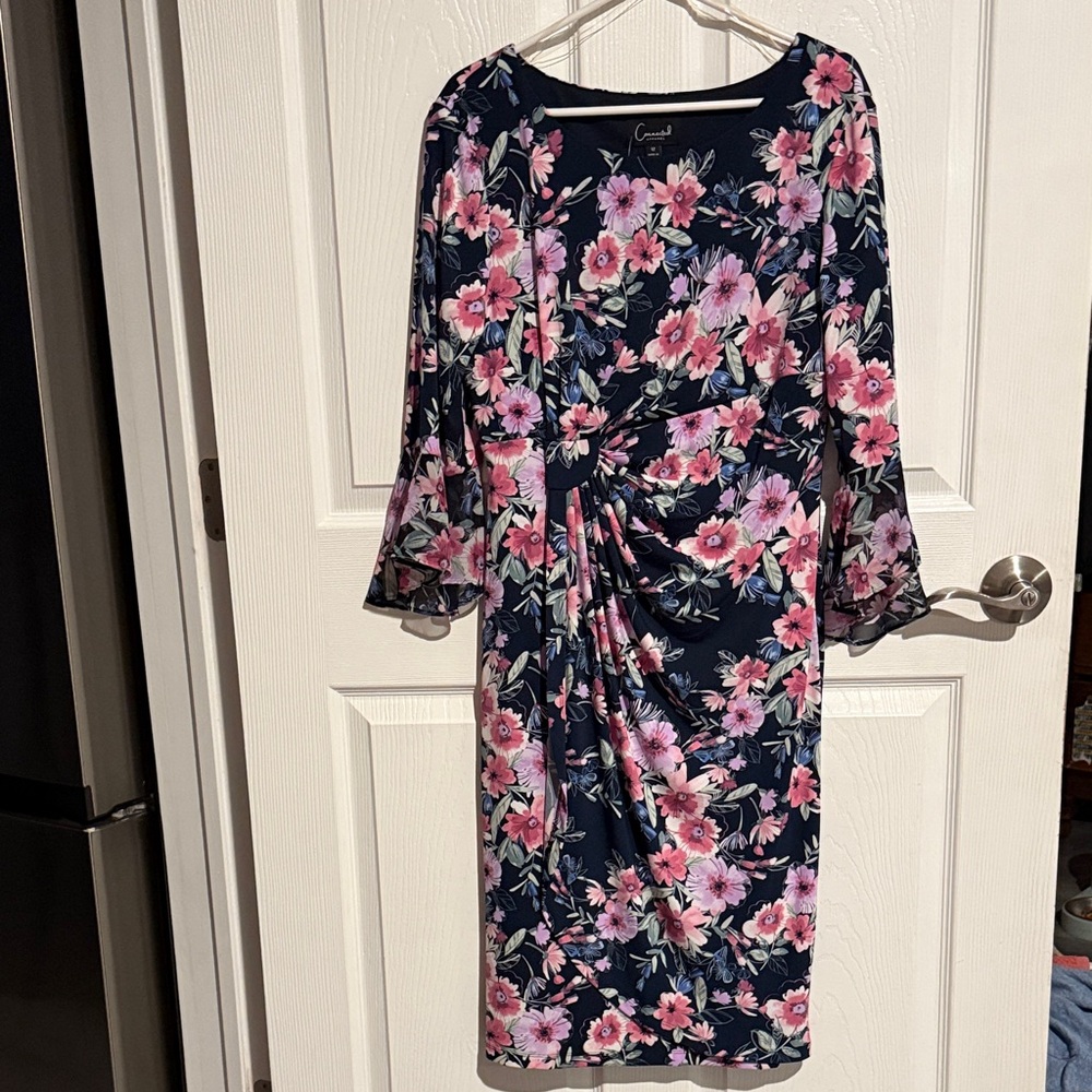 Connected Apparel Navy Floral Bell Sleeve Dress